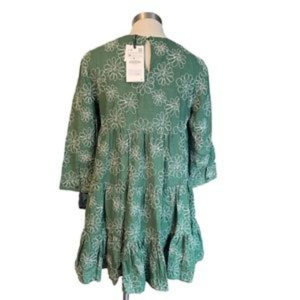 Zara Women’s Dress "The Diana" Green Linen Blend Ruffle Embroidered Sz. M - Picture 3 of 4